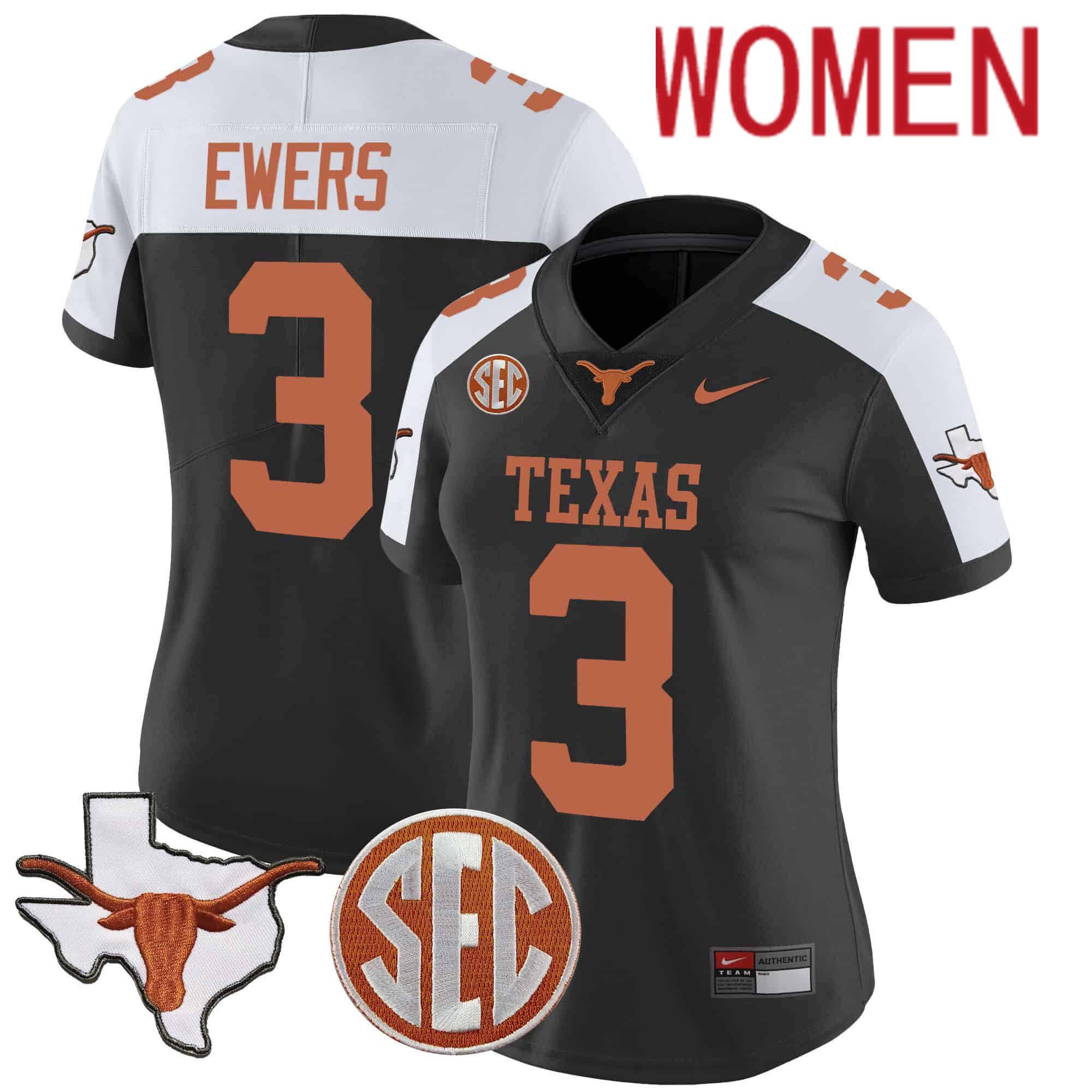 Women Texas Longhorns #3 Ewers Black 2024 Nike State Map & SEC Patch Vapor NCAA Jersey